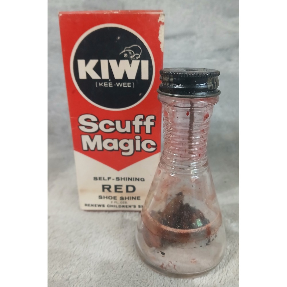 Vintage Kiwi Scuff Magic Red Shoe Polish Glass Bottle with Original Box USA‎ 2oz